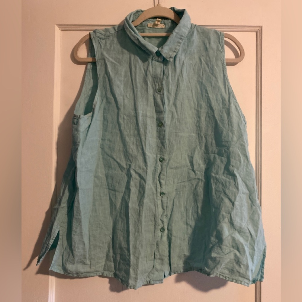 Eileen Fisher Organic Linen Blend Sleeveless Button Up Top Seafoam Blue Large